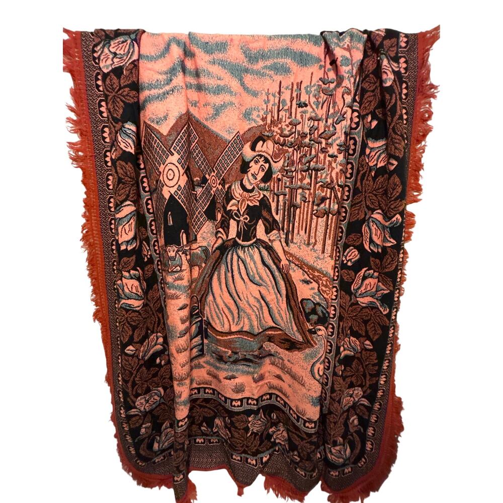 Vtg 1950s Salmon Orange Blk Dutch Milkmaid Woven Tapestry Bedspread (94” x 80”)